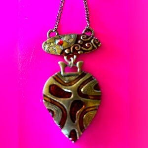 Egyptian look brass and red 14” necklace with a 2” drop heart pendant